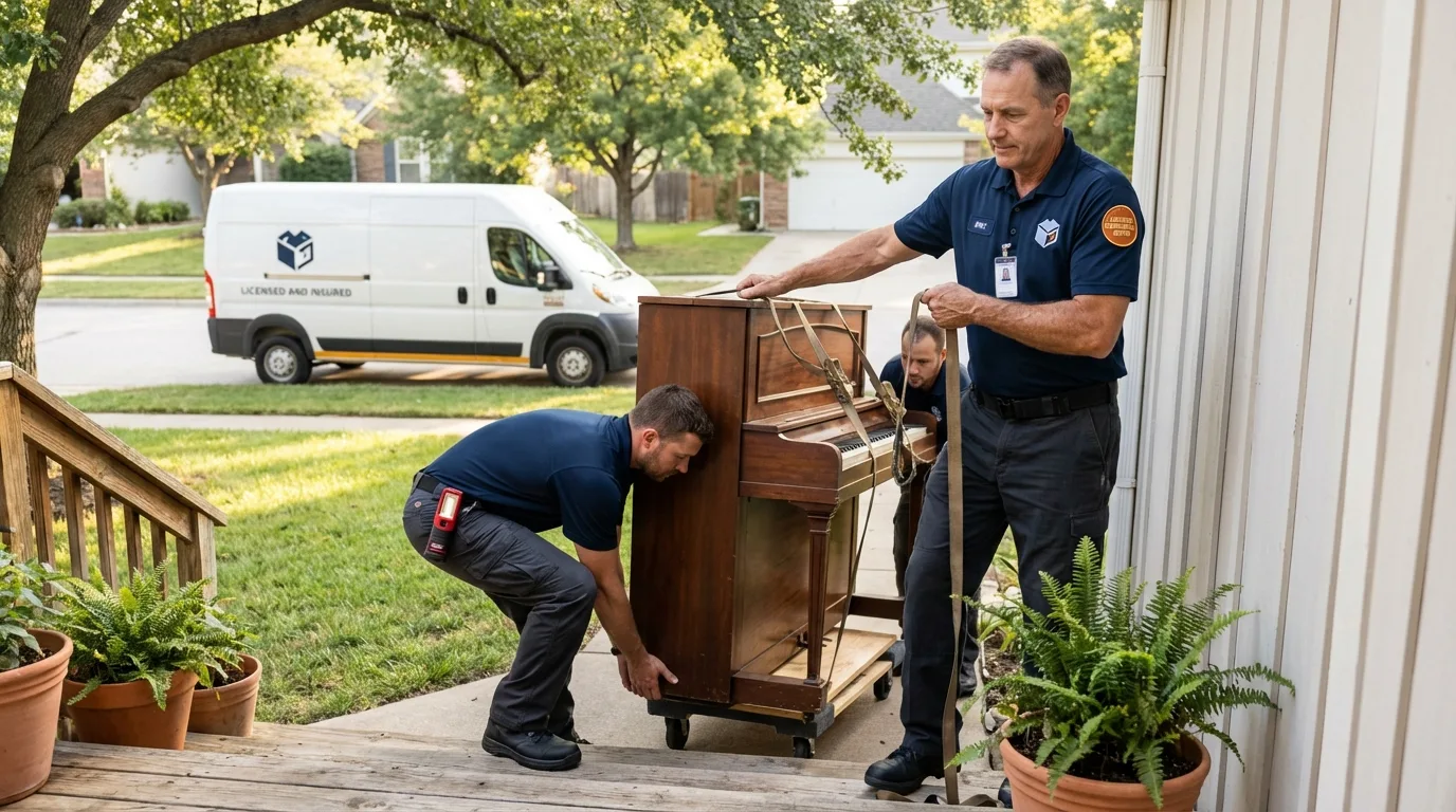 Licensed piano movers securing grand piano in Hoyt Lakes, MN