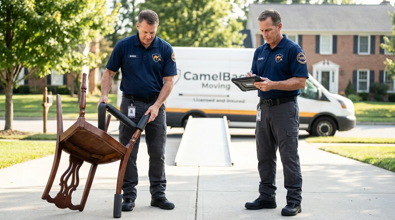 Movers inspecting furniture for damage prevention before loading in Hoyt Lakes, MN