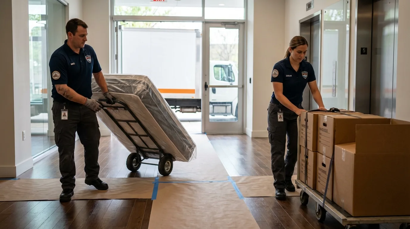 Professional apartment movers loading elevator in Hoyt Lakes, MN